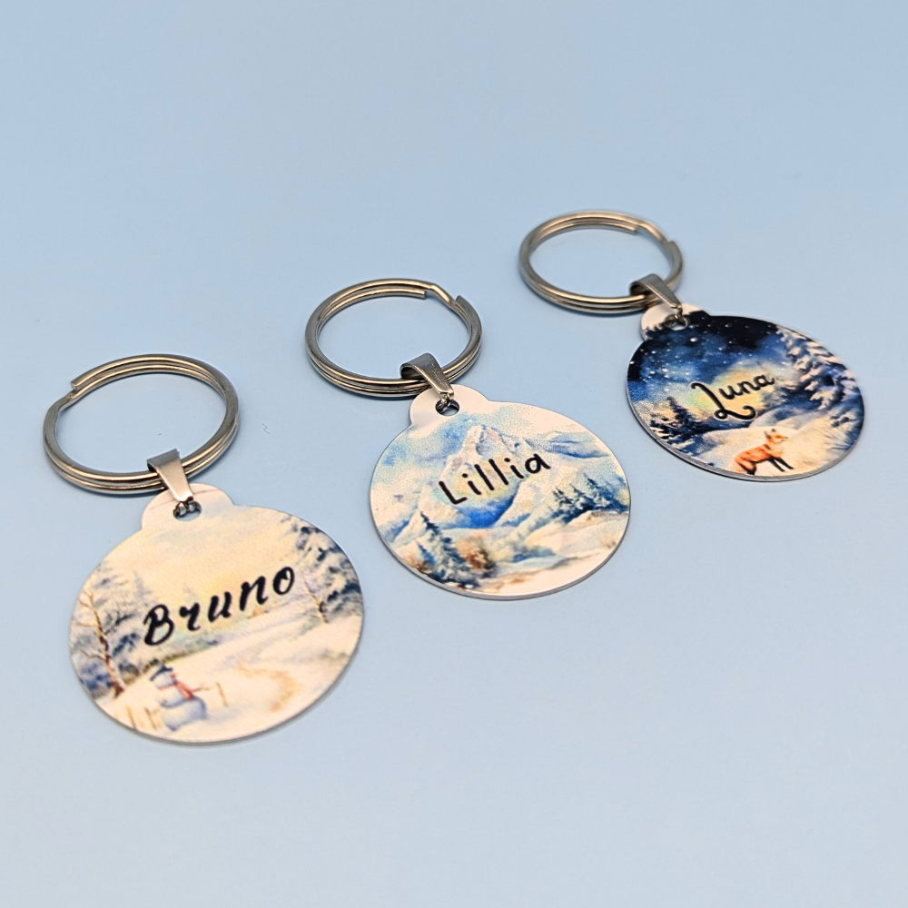 Round Aluminum Pet Tag with Winter & Christmas Design for Dogs and Cats - 32mm