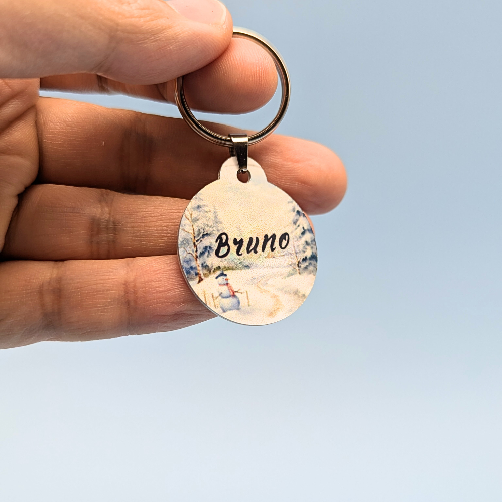 Round Aluminum Pet Tag with Winter & Christmas Design for Dogs and Cats - 32mm
