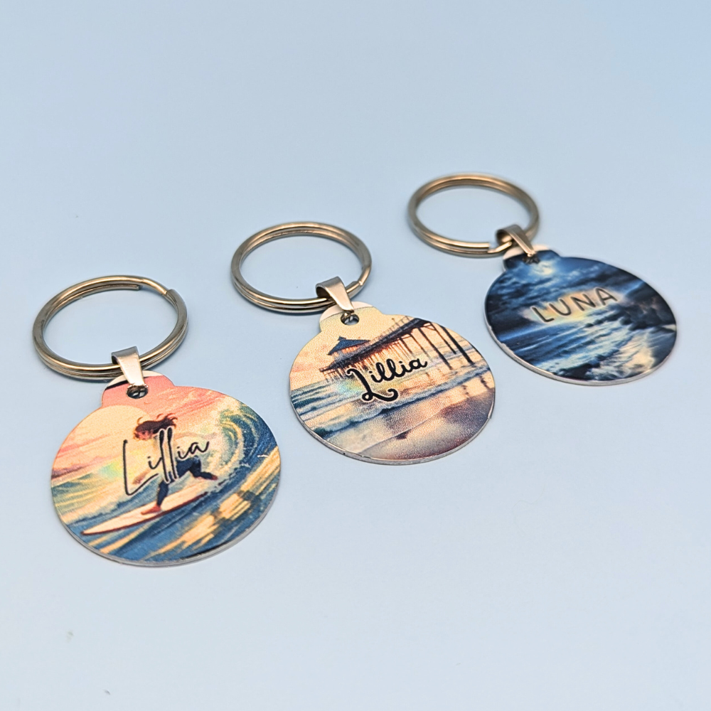 Round Aluminum Pet Tag with Summer Beach Designs for Dogs and Cats - 32mm