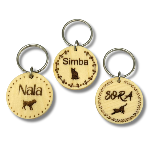 Round Wood Pet Tag with Engraving for Dogs and Cats - 35mm