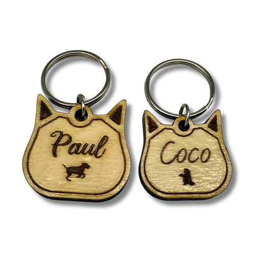 Cat Face Wood Pet Tag with Engraving for Dogs and Cats