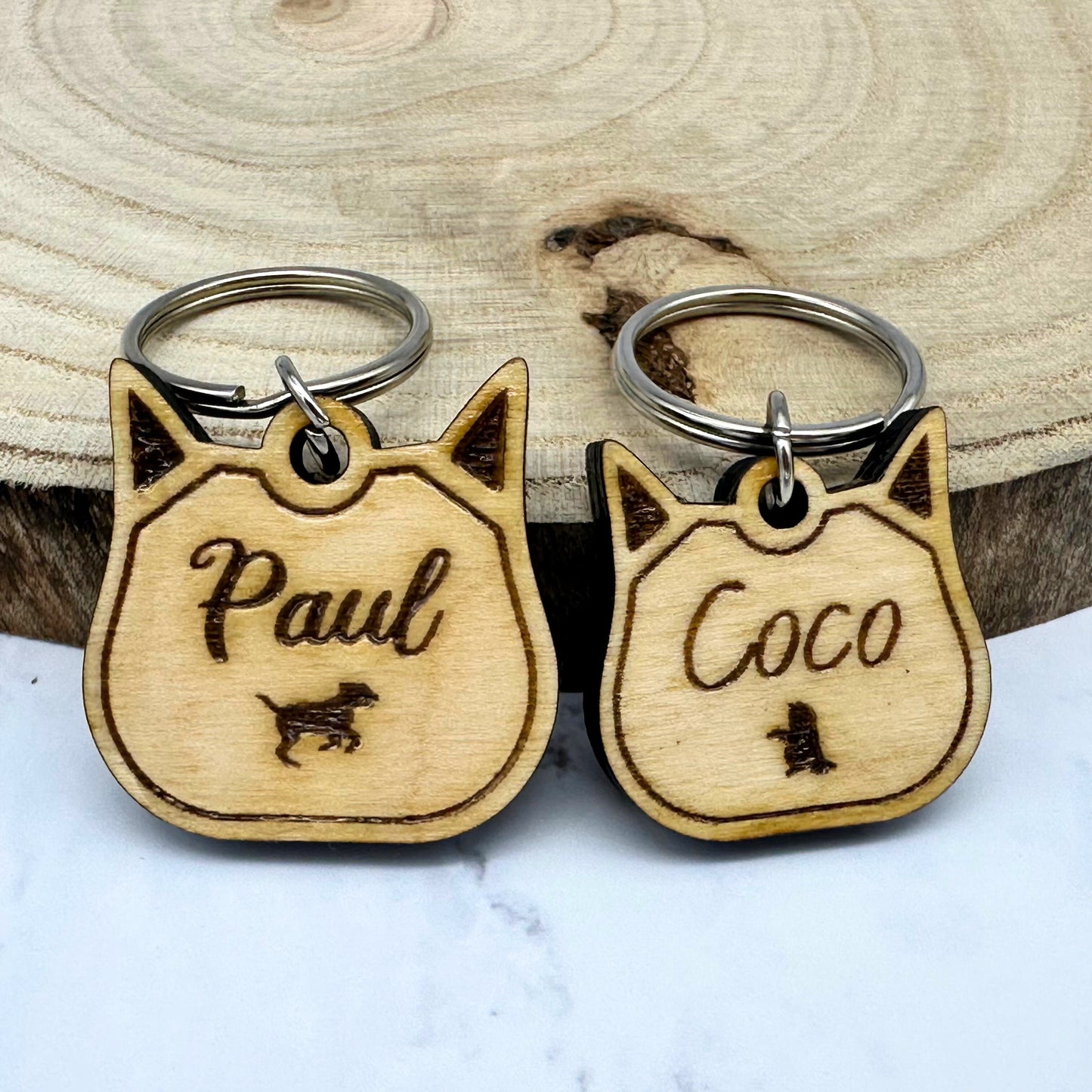 Cat Face Wood Pet Tag with Engraving for Dogs and Cats