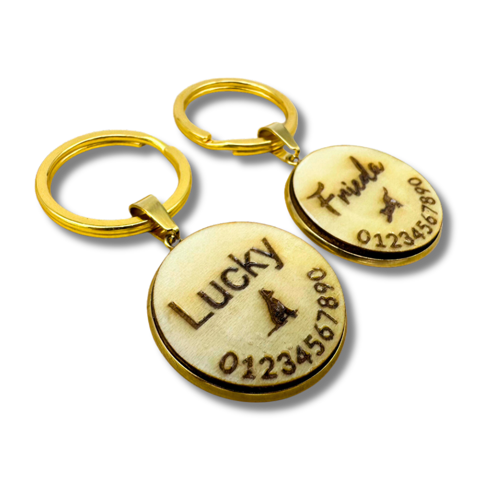 Round Wood Pet Tag with Gold Metal Socket - Custom Engraved Name Tag for Dogs and Cats