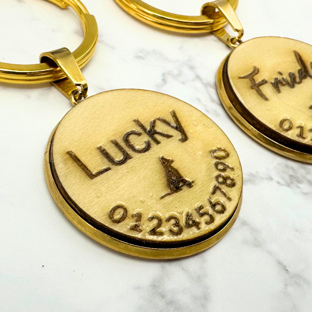 Round Wood Pet Tag with Gold Metal Socket - Custom Engraved Name Tag for Dogs and Cats