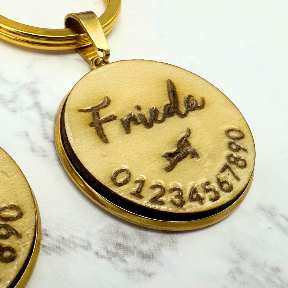 Round Wood Pet Tag with Gold Metal Socket - Custom Engraved Name Tag for Dogs and Cats