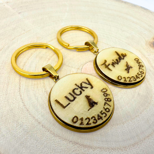 Round Wood Pet Tag with Gold Metal Socket - Custom Engraved Name Tag for Dogs and Cats