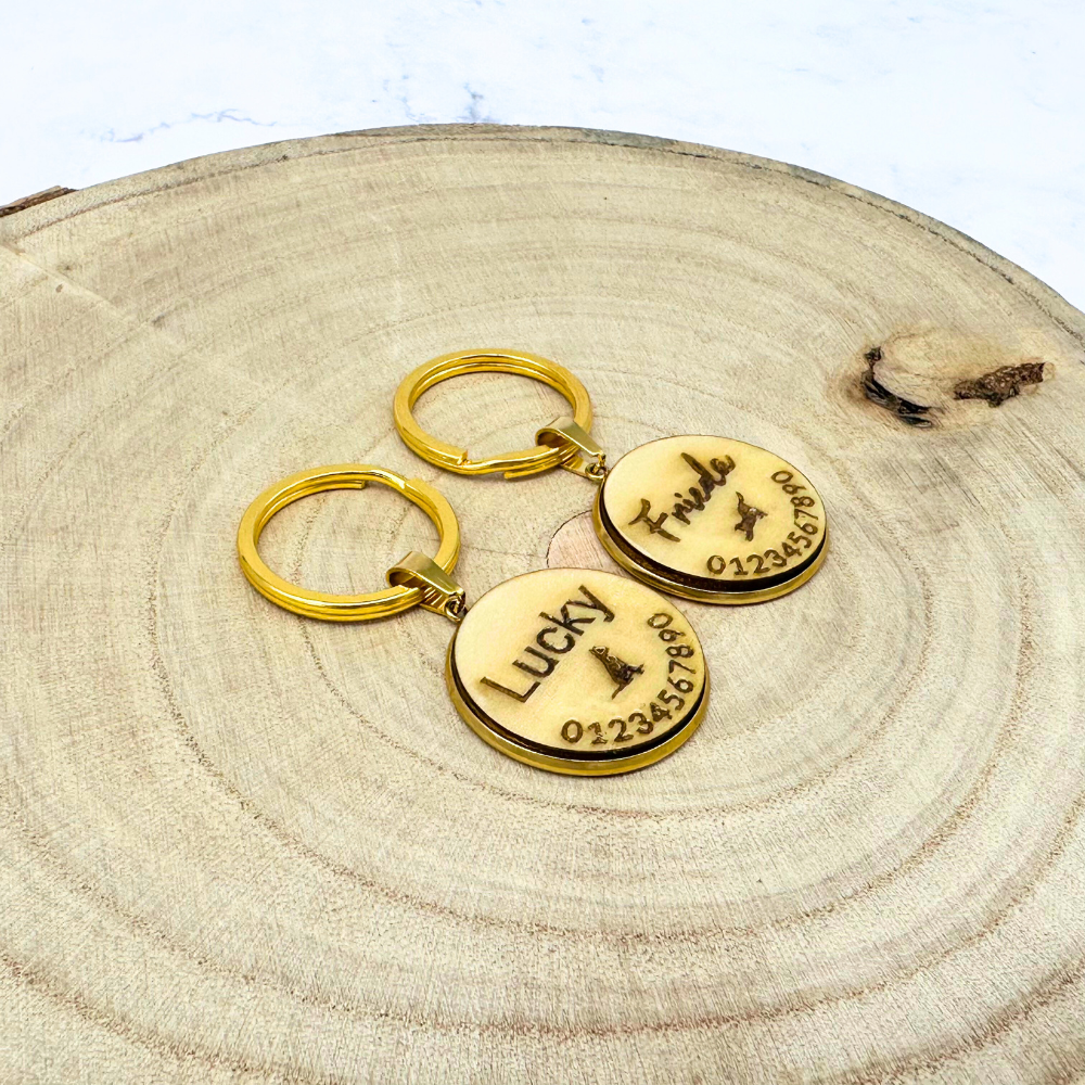 Round Wood Pet Tag with Gold Metal Socket - Custom Engraved Name Tag for Dogs and Cats