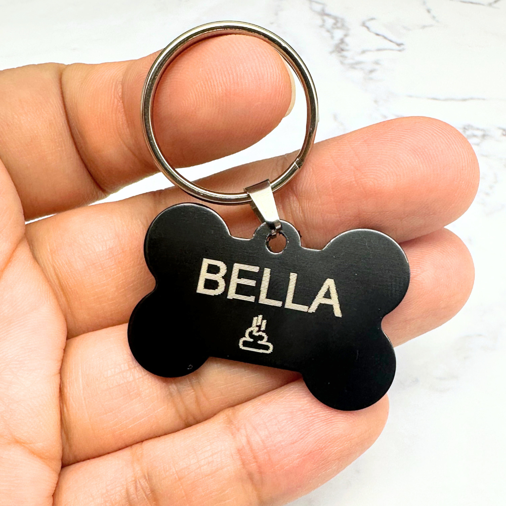 Bone-Shaped Black Aluminium Pet Tag with Engraving for Dogs and Cats 38mm