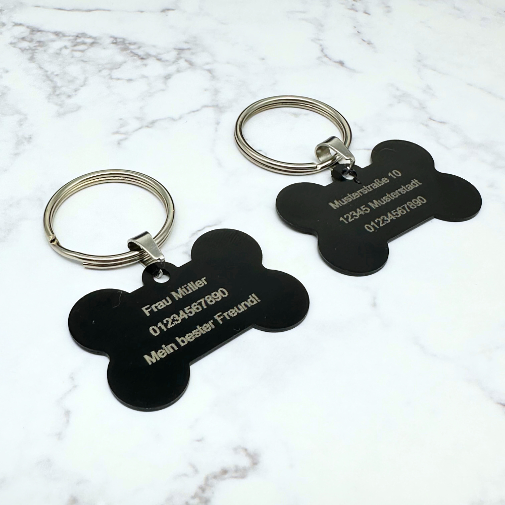 Bone-Shaped Black Aluminium Pet Tag with Engraving for Dogs and Cats 38mm