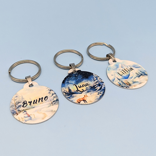 Round Aluminum Pet Tag with Winter & Christmas Design for Dogs and Cats - 32mm